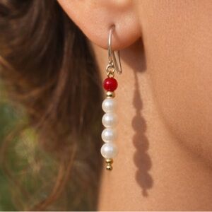 NWT STERLING SILVER 925 PEARLS  Red TURQUOISE Drop Earrings 1 inch